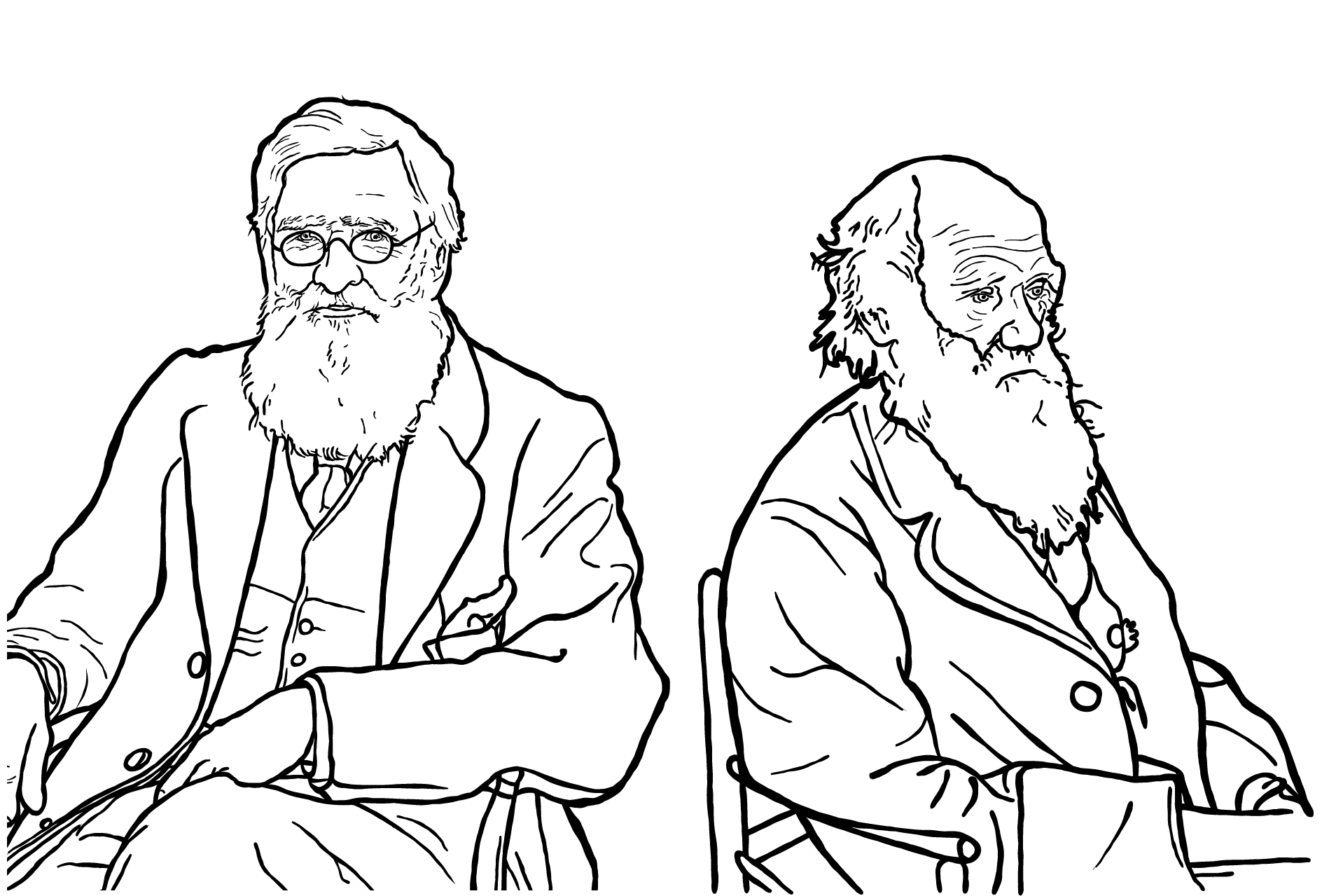 Line drawing of Darwin and Wallace seated